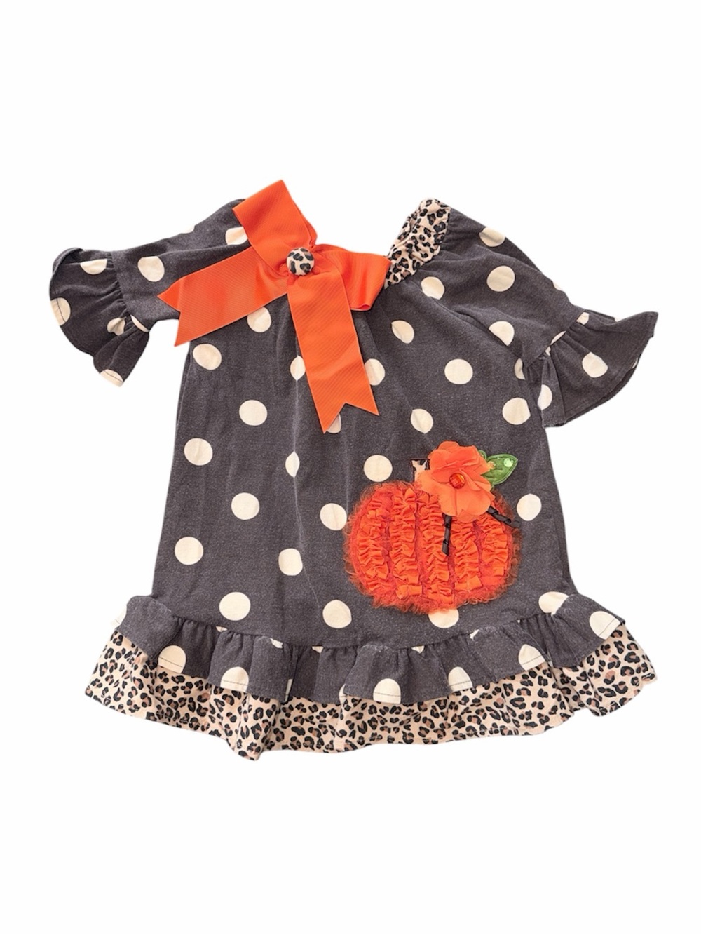 Rare Editions Girls Fall Pumpkin Polka Dot Leopard Trim Dress Toddler Size 2T
